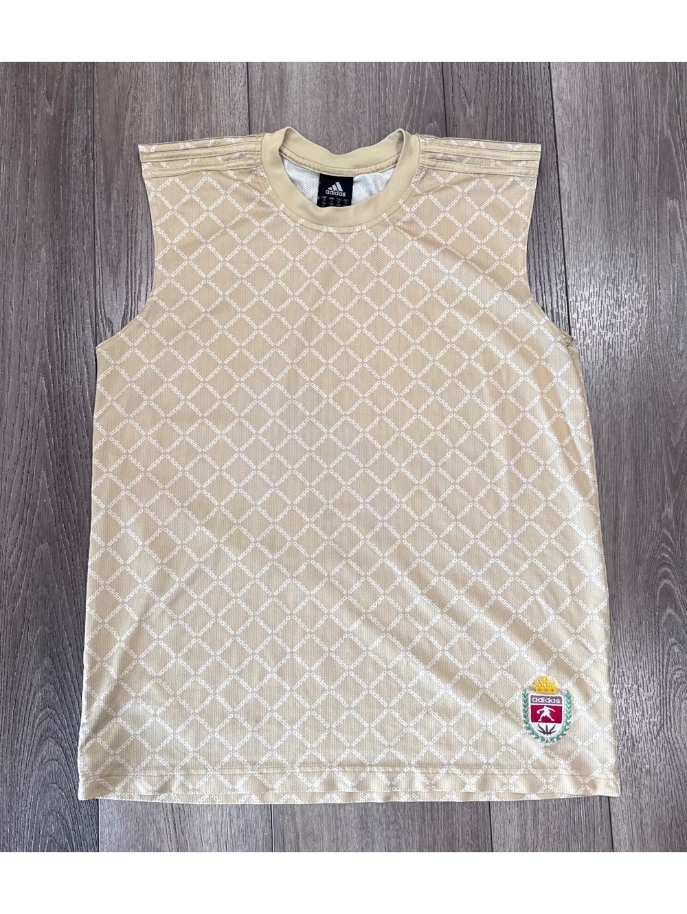 Adidas Vintage Beige Sleeveless Mesh Tank Top with Crest Logo
